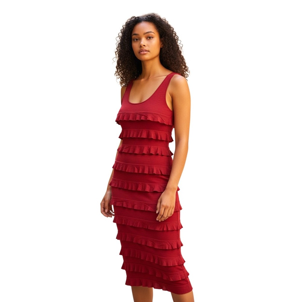 Charlotte Tarantola Red Ruffle Tank Dress Size S Midi Sheath Knee Length